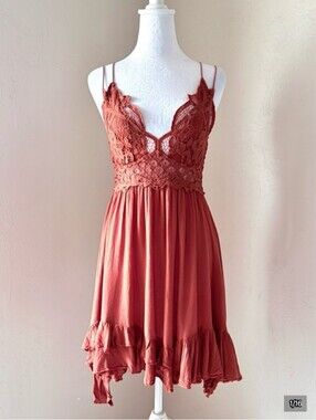 Free People ADELA Rust Copper Terracotta Lace Bodice Mini Slip Dress Size Small